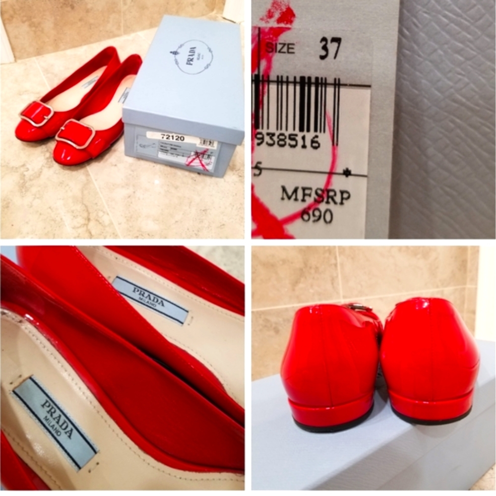 Authentic Prada Calzature Donna Vernice Red Patent Leather Buckle Ballet Flats - Picture 5 of 12